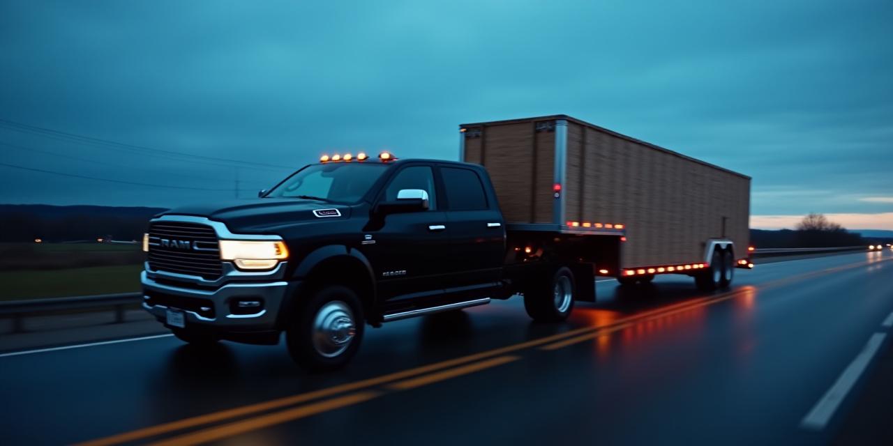 A specialized heavy-duty pickup truck with a gooseneck trailer transporting urgent freight on a highway at dusk