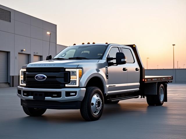 A silver Ford F-350 with a flatbed gooseneck trailer parked in a professional logistics yard