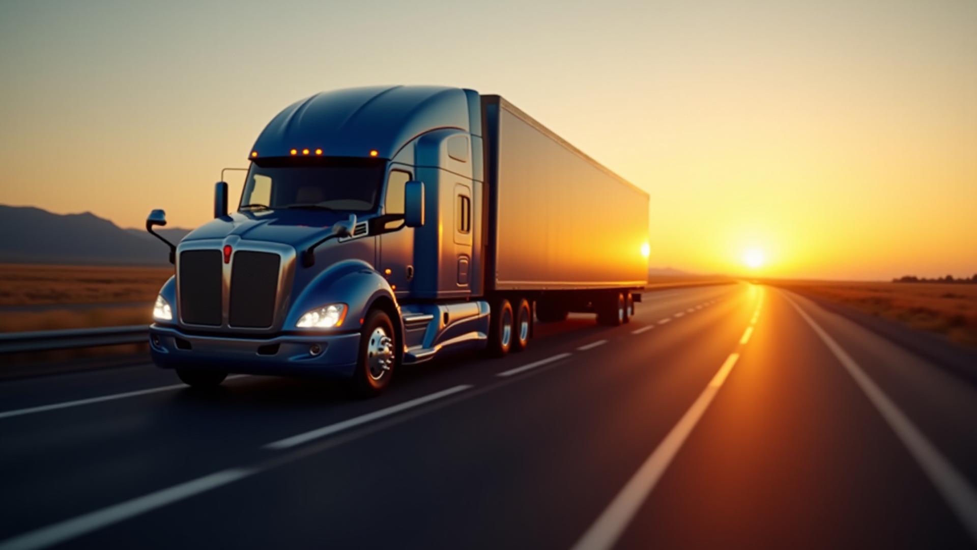 Modern JCW logistics truck driving on a highway during a golden sunset, representing long-haul reliability.