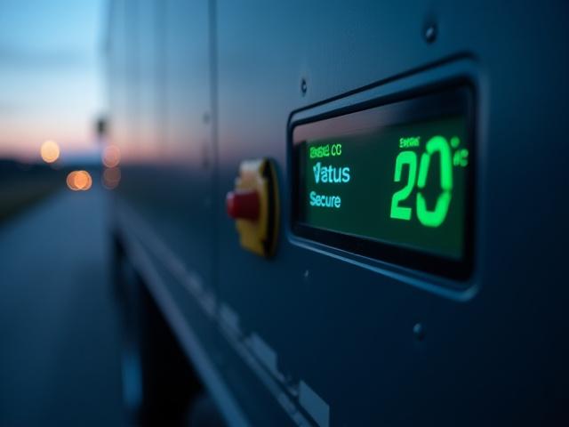 Close-up of a state-of-the-art reefer unit digital control interface showing active temperature logs