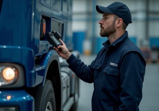 JCW Trucking driver performing a multi-point safety inspection on a modern commercial rig