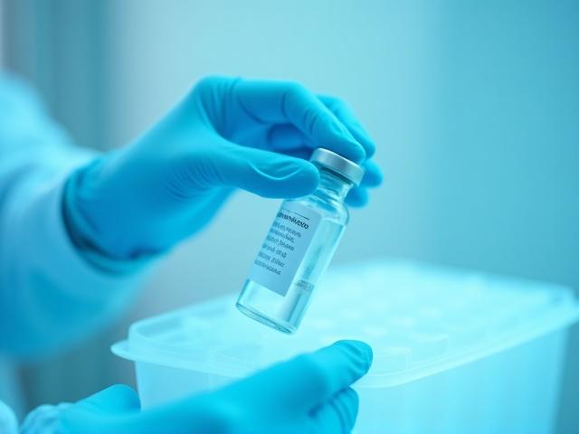 Hand in medical glove carefully inspecting vaccine vials in a cold storage tray
